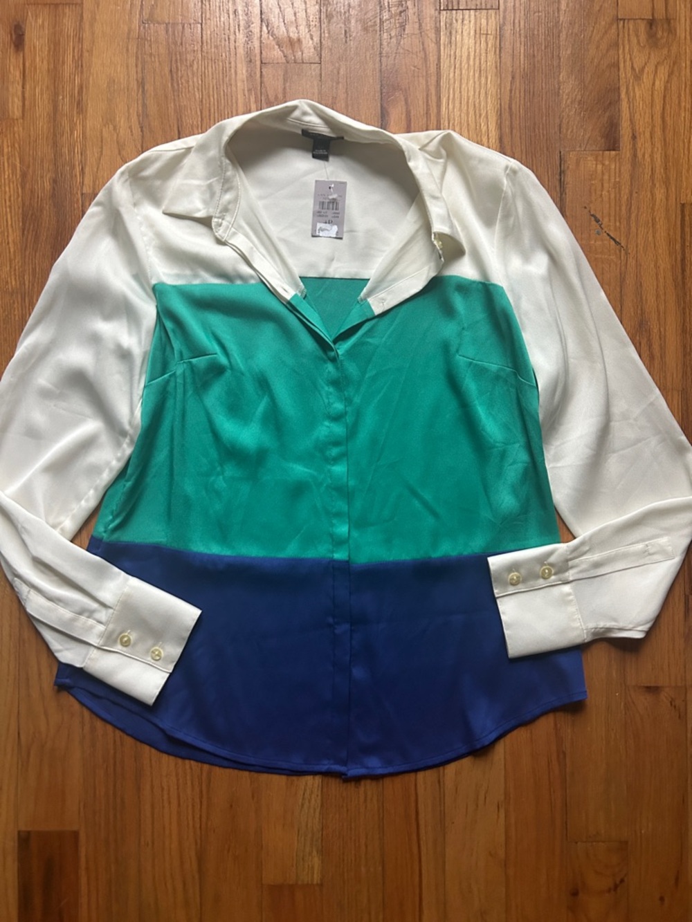 Ann Taylor Colorblock Satin Button-Down Shirt - Ivory, Teal & Navy
